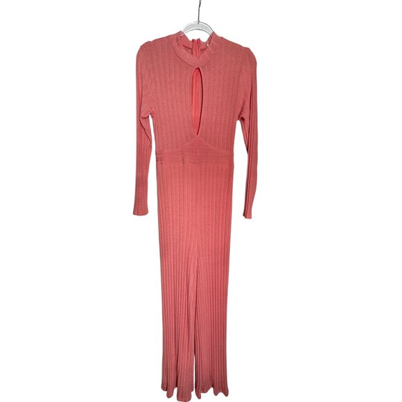 Sexy Ribbed Salmon Pink Long-Sleeve Jumpsuit Keyhole Detail By Fashion Nova XL - Picture 1 of 7